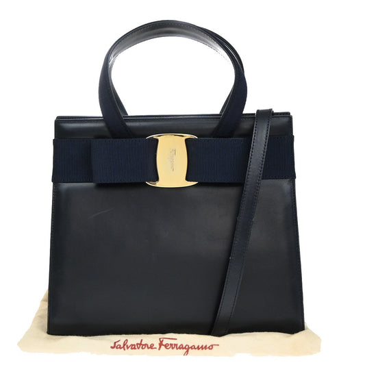 SALVATORE FERRAGAMO Vara 2Way Shoulder Hand Bag Canvas Leather Navy Blue 31EF372