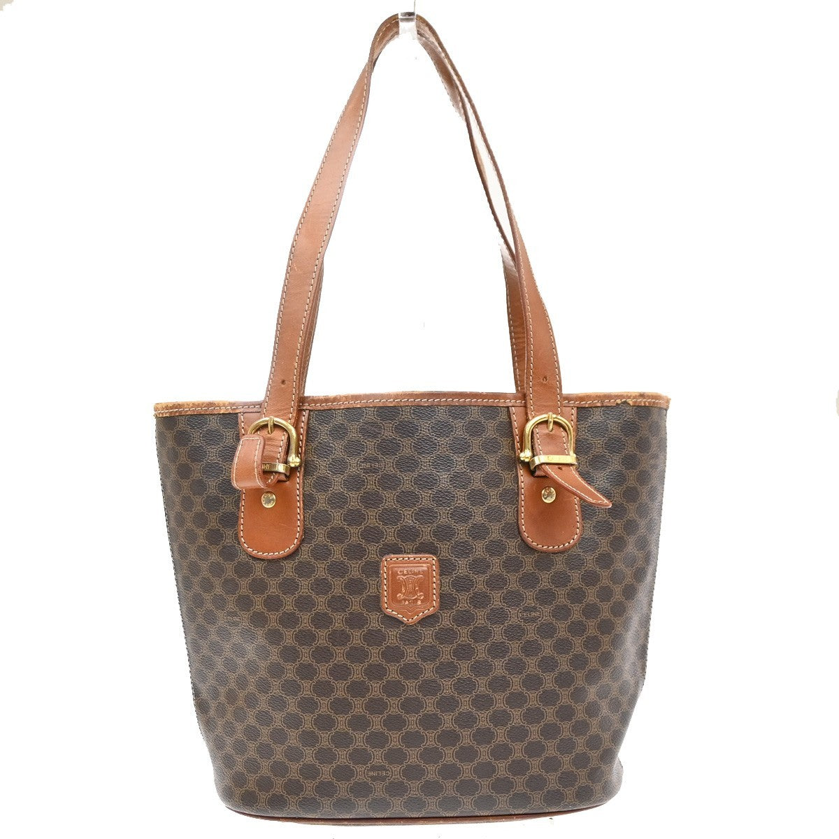 CELINE Logo Macadam Pattern Shoulder Tote Bag PVC Leather Brown GHW 07EG396