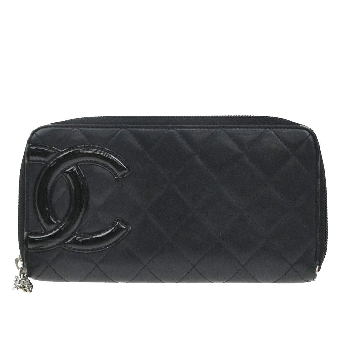 CHANEL CC Cambon Long Zipper Bifold Wallet Patent Leather Black SHW 38KP014