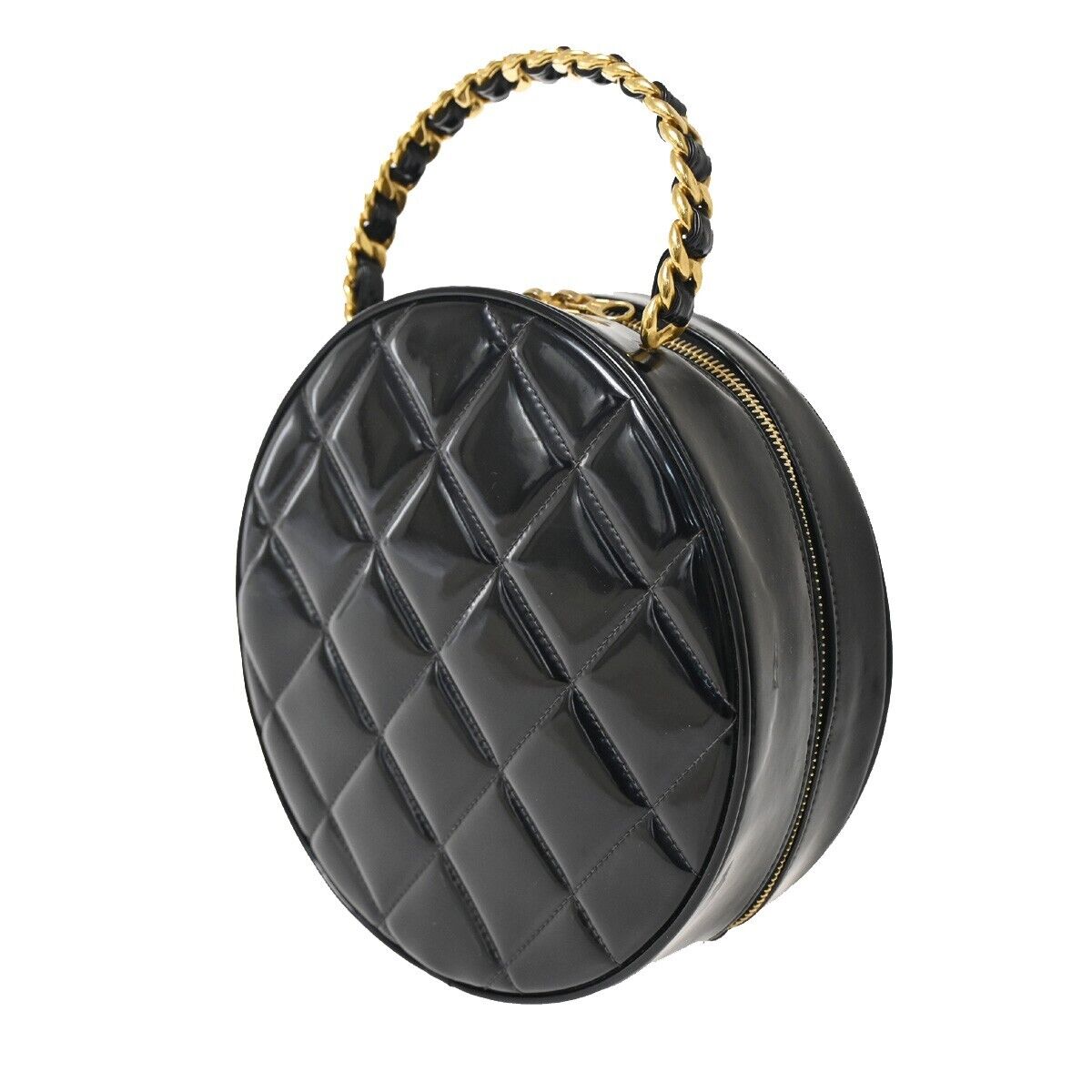 CHANEL CC Matelasse Round Vanity Chain Hand Bag Patent Leather Black 6820LC438