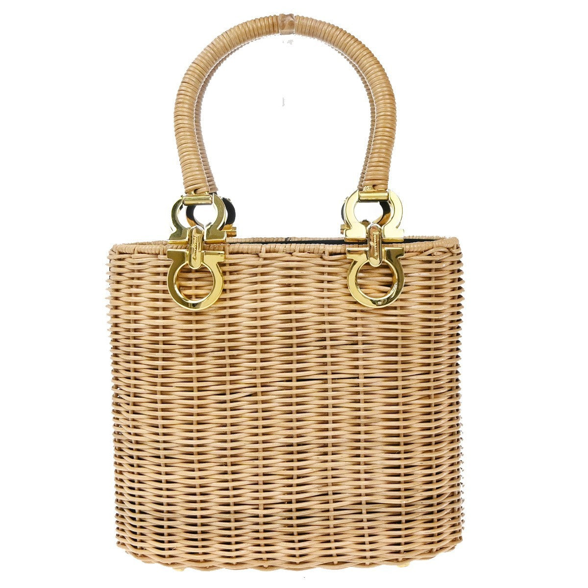 SALVATORE FERRAGAMO Logo Gancini Basket Hand Bag Rattan Brown GHW 28RP146