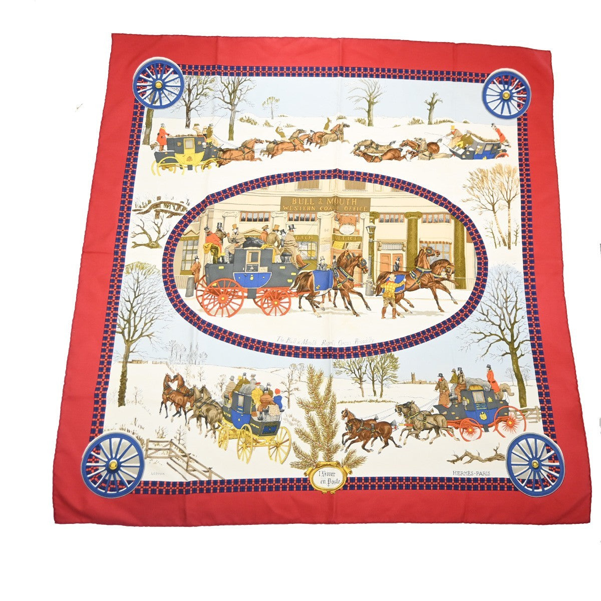 HERMES XL Carre l'Hiver en Poste Ledoux Scarf 100% Silk Red White 63RL907