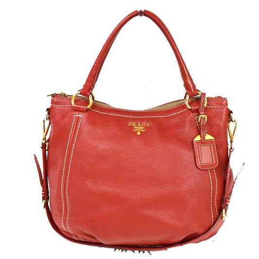 PRADA MILNO Logo 2Way Shoulder Tote Bag Leather Red Gold stitch Italy 70RF005