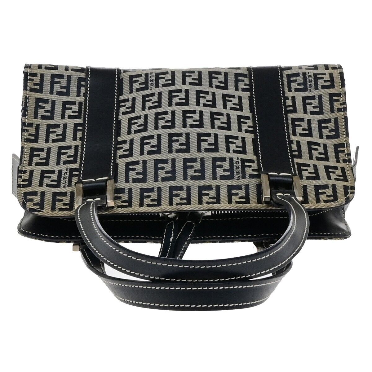 FENDI Logo Zucca Pattern Shoulder Bag Canvas Leather Navy Blue Italy 83KA549
