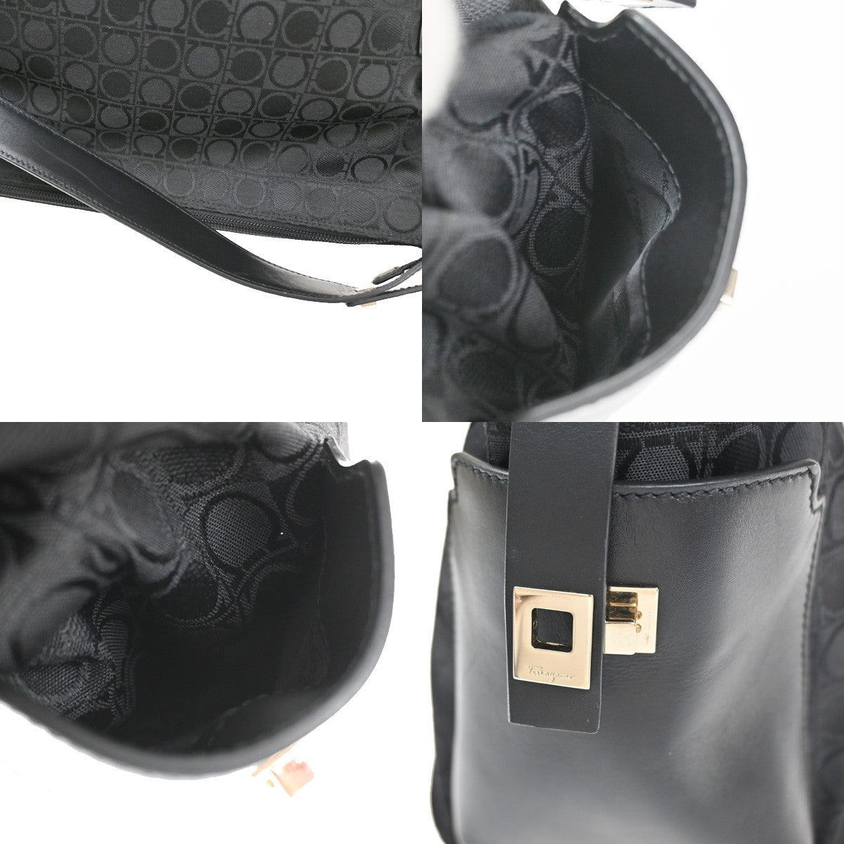 SALVATORE FERRAGAMO Logo Gancini Hand Bag Canvas Leather Black GHW Italy 63CA873