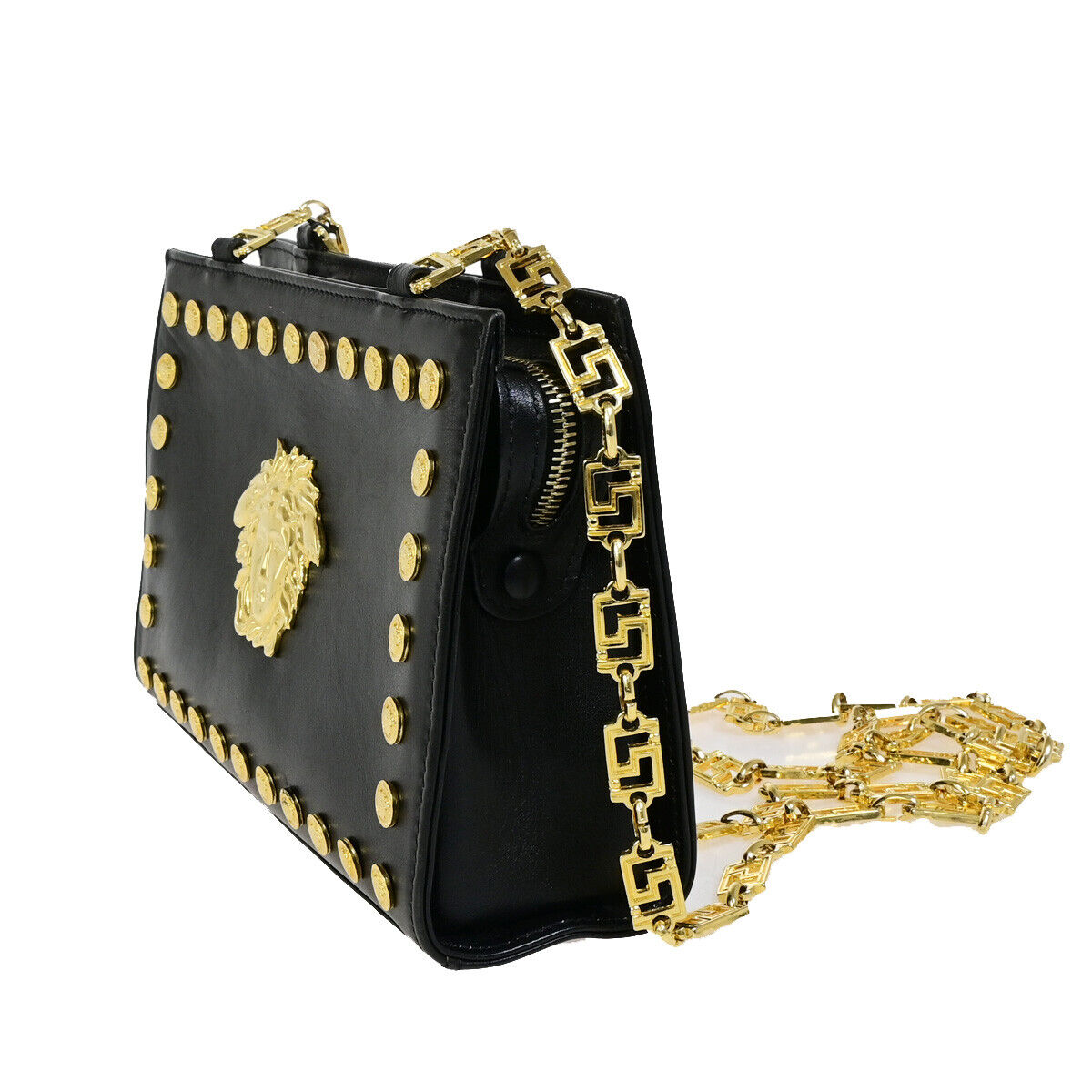 GIANNI VERSACE Logo Medusa Chain Shoulder Bag Leather Black GHW 72YG342