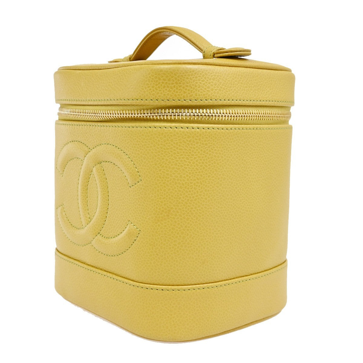 CHANEL Vanity Cosmetic Hand Bag Grained Calfskin Leather Yellow Vintage 664RQ061