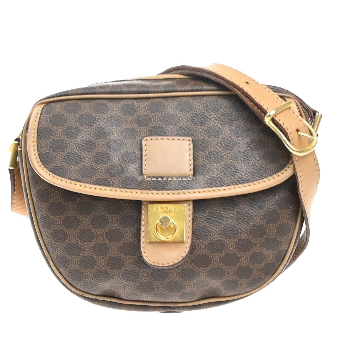 CELINE Logo Macadam Pattern Shoulder Bag PVC Leather Brown GHW Italy 67MA399