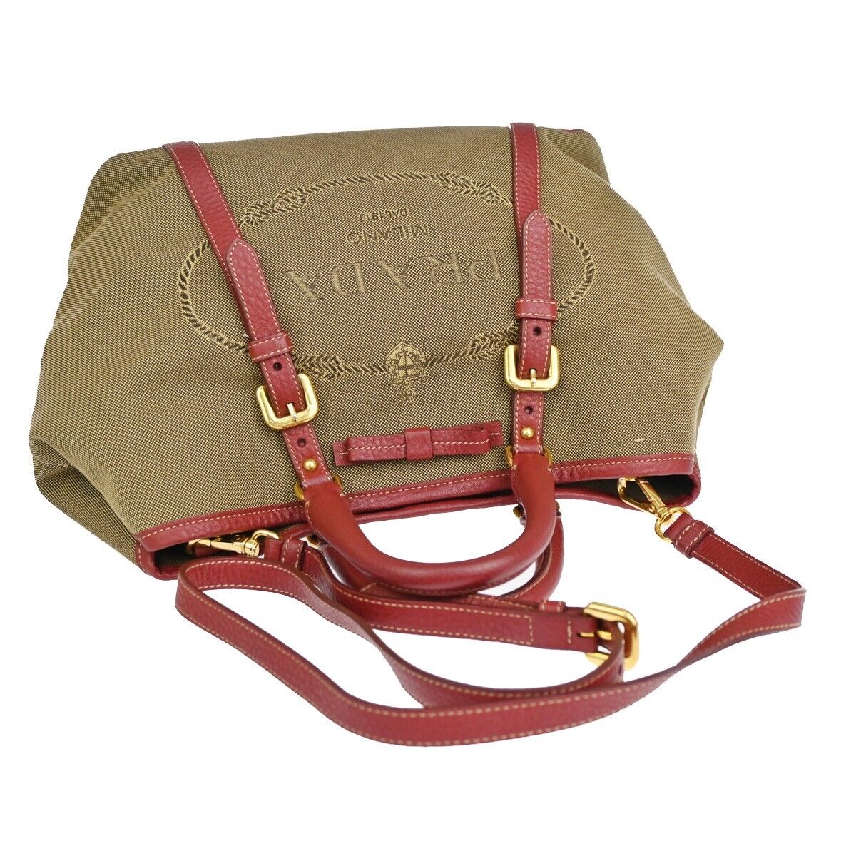 PRADA MILANO Logo 2Way Shoulder Hand Bag Canvas Leather Khaki Bordeaux 79EA813