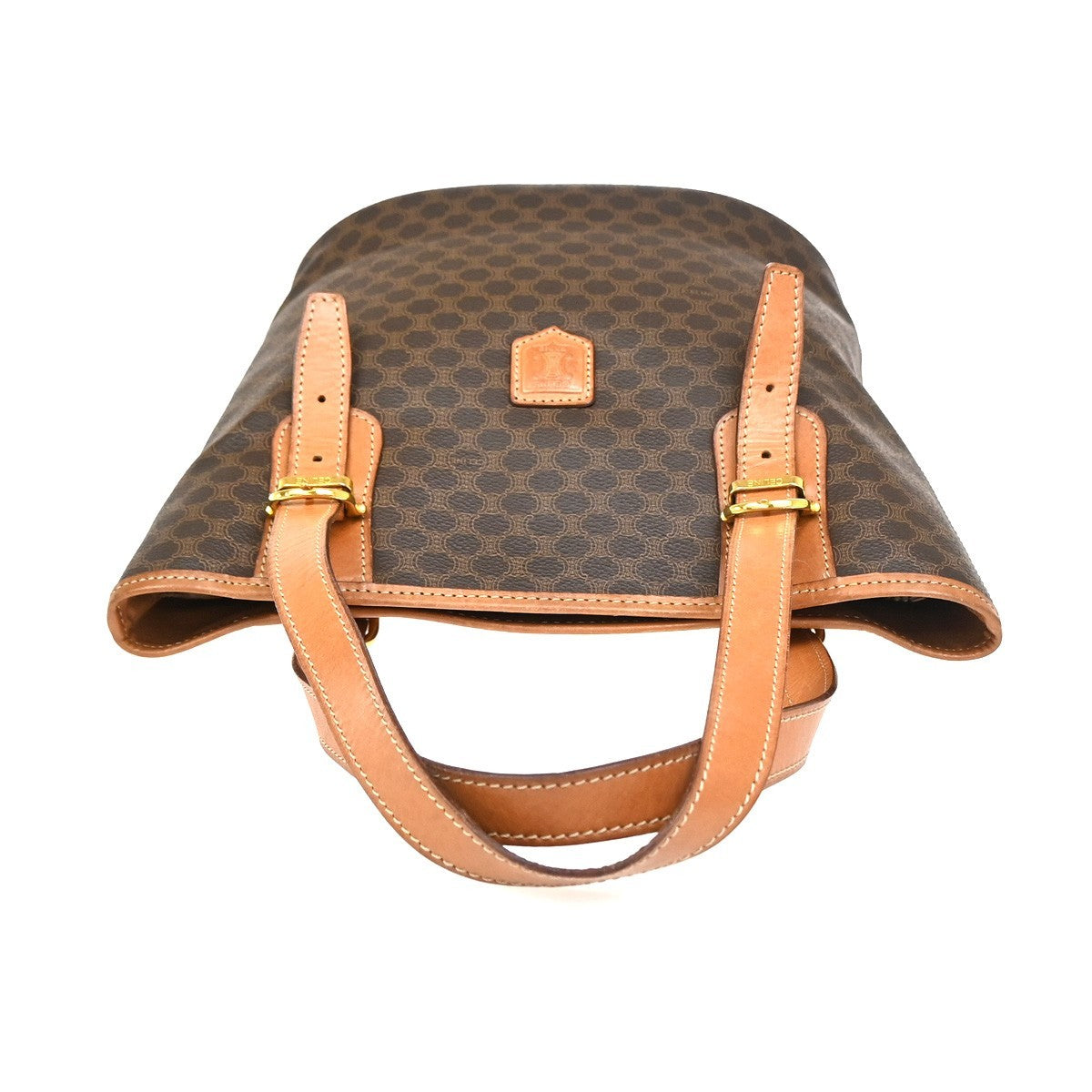 CELINE Logo Macadam Pattern Shoulder Bag PVC Leather Brown GHW Italy 35ZA281