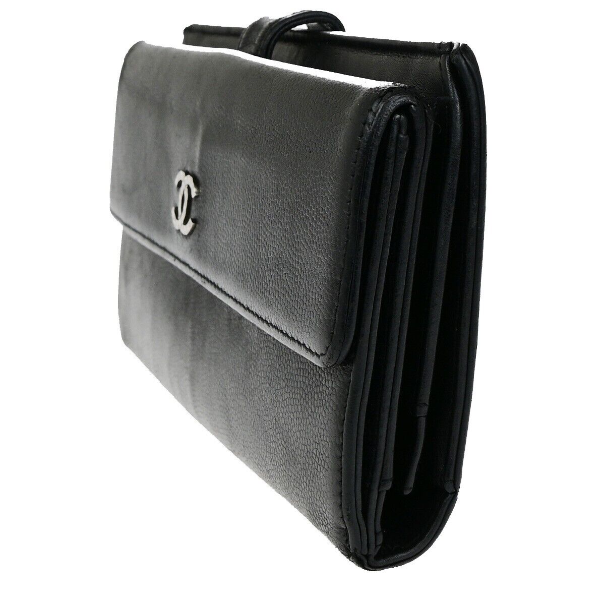 CHANEL CC Logo Falp Bifold Long Wallet Grained Leather Black SHW 35RK678