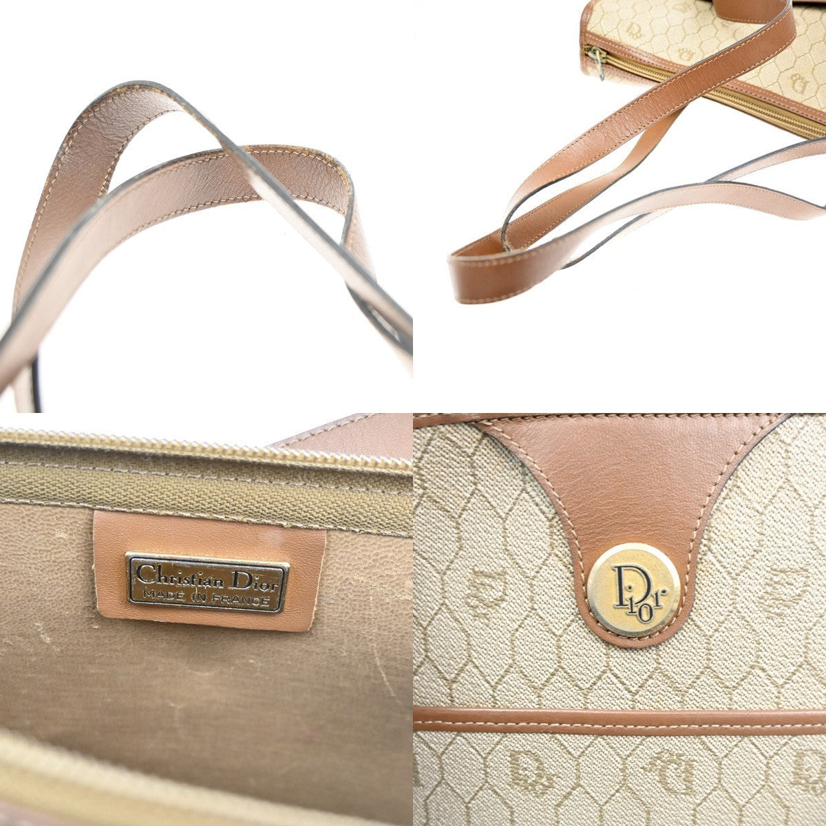 CHRISTIAN DIOR Logo Honeycomb Shoulder Hand Bag PVC Leather Beige GHW 62CA527
