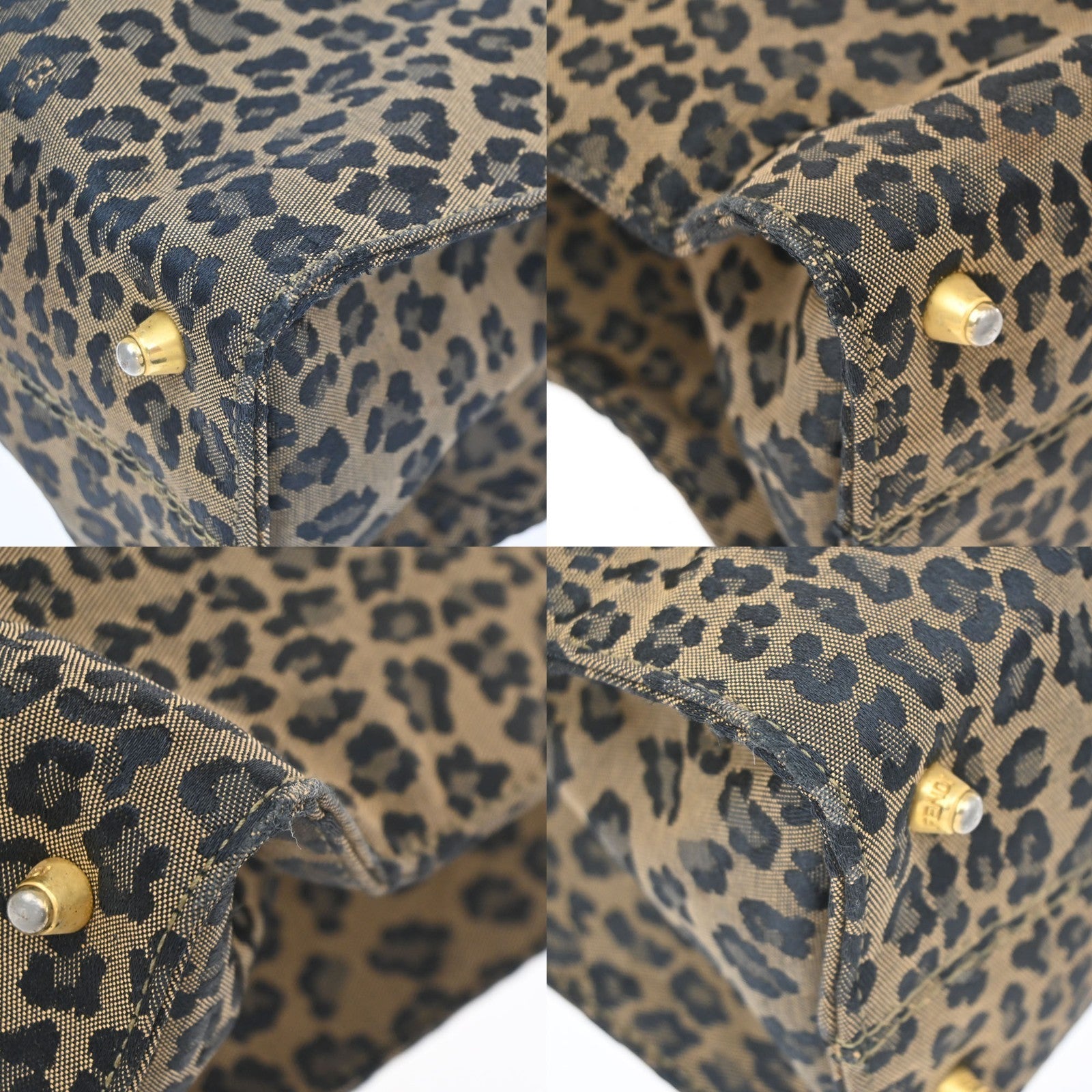 FENDI Logo Leopard Pattern Hand Bag Canvas Leather Brown Red Italy 38KD067