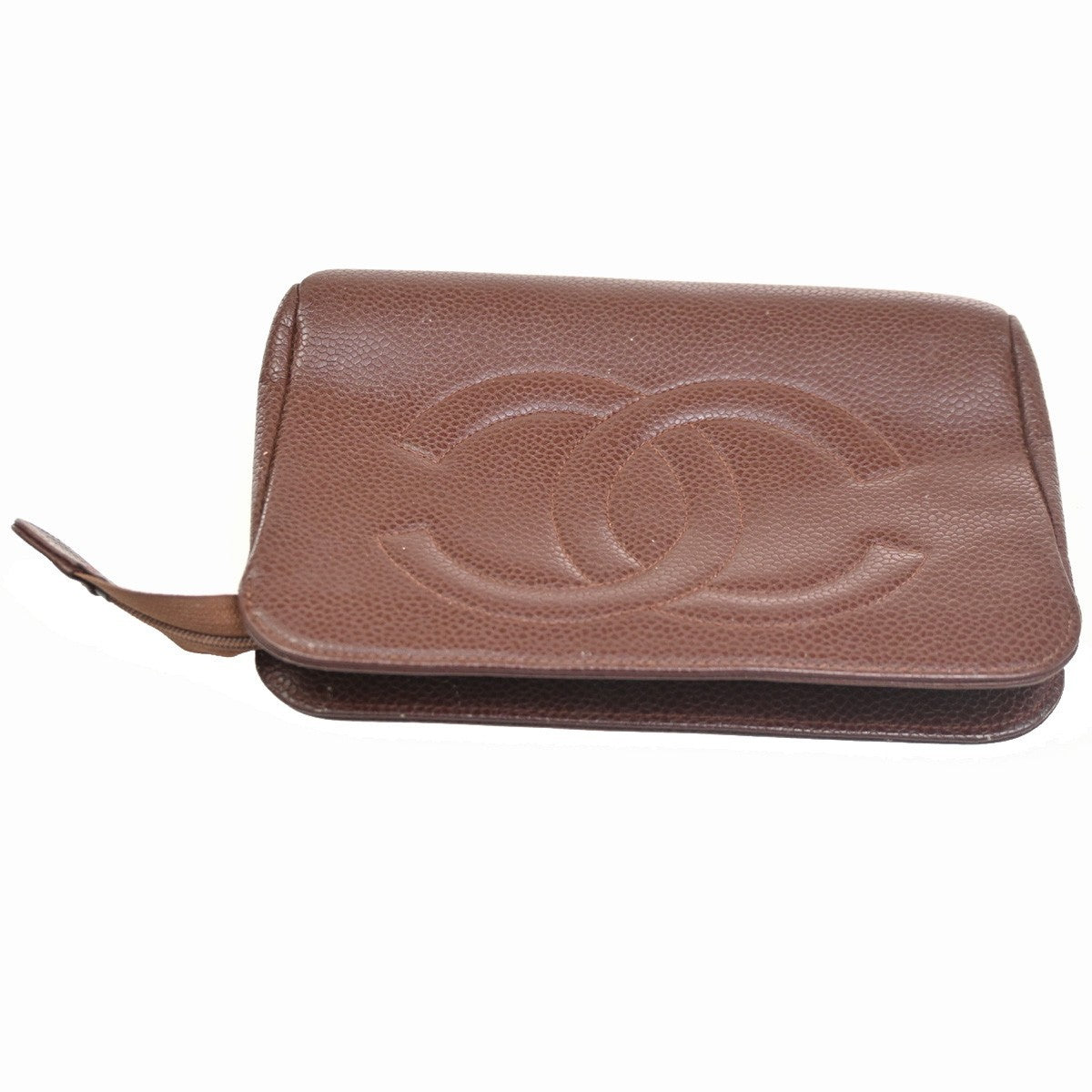 CHANEL CC Logo Pouch Grained Calfskin Leather Red Gold Italy 30KC157