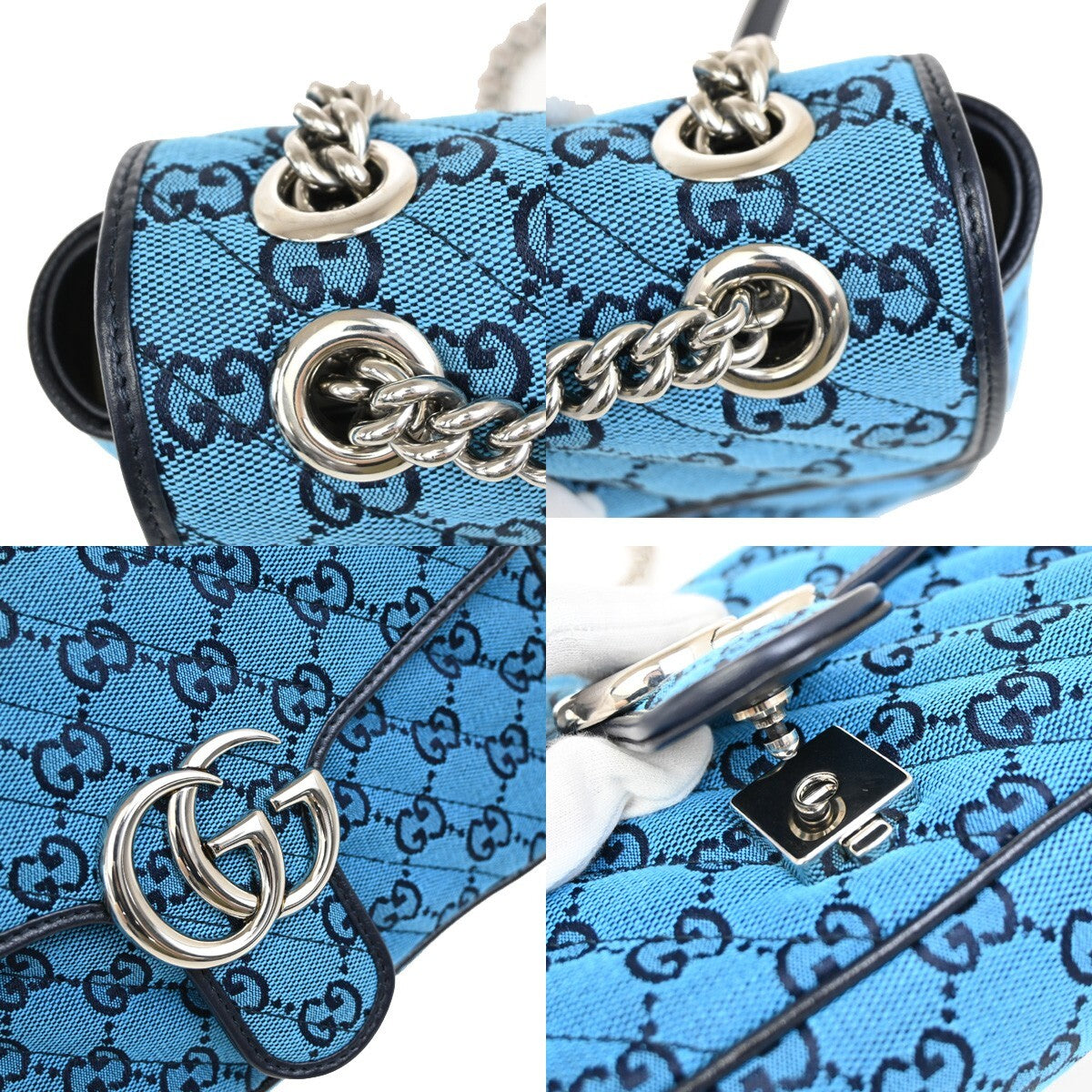 GUCCI GG Pattern Marmont Chain Shoulder Bag Canvas Leather Blue SHW 631RF272