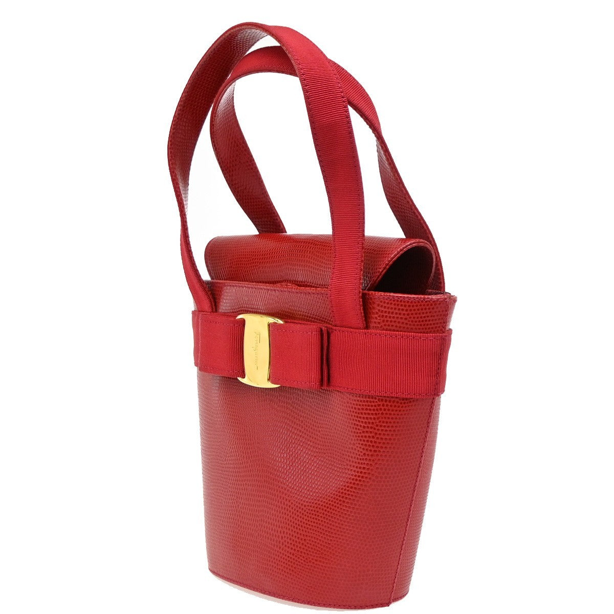 SALVATORE FERRAGAMO Vara Bow Bucket Handbag Embossed Leather Red GHW 62DA271