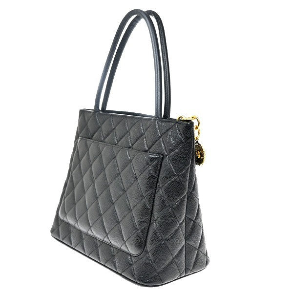 CHANEL Medallion Matelasse Shoulder Bag Grained Calfskin Leather Black 338RP060