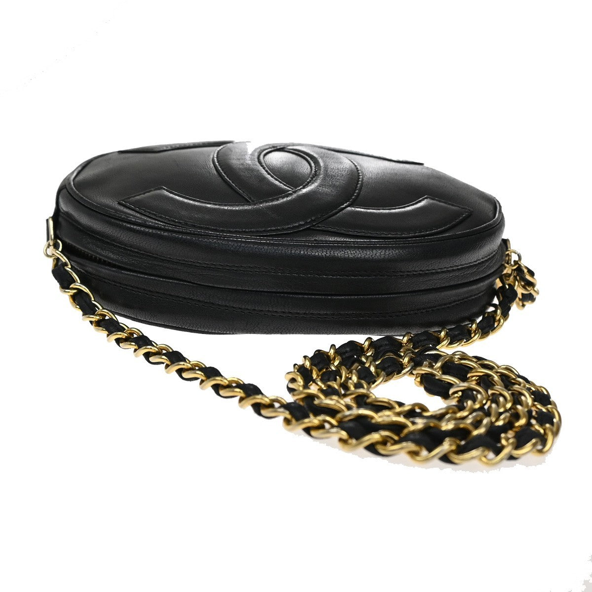 CHANEL CC Logo Tassel Oval Chain Shoulder Bag Leather Black GHW Vintage 395RL384