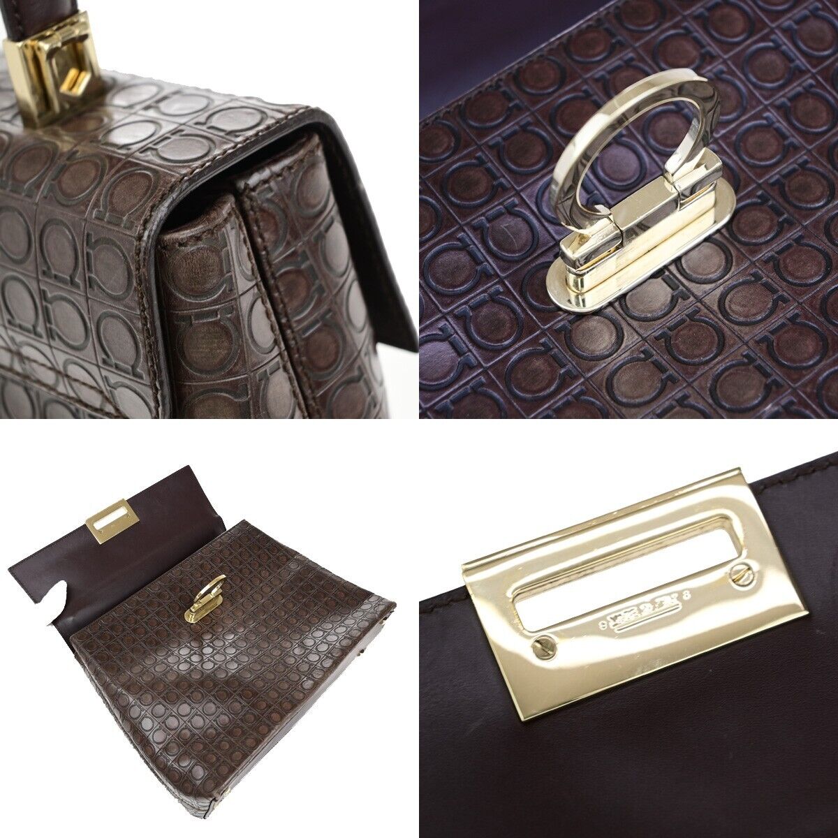 SALVATORE FERRAGAMO Logo Gancini Hand Bag Embossing Leather Brown GHW 31EB621