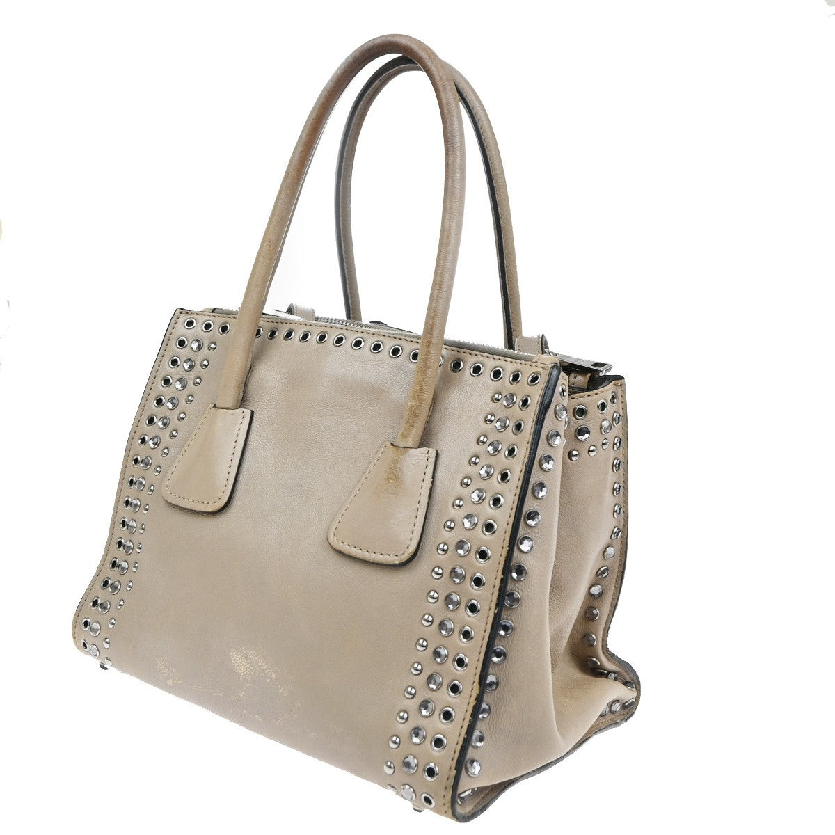 PRADA Studs 2Way Shoulder Hand Bag Leather Rhineston Beige GHW Spain 33TA590