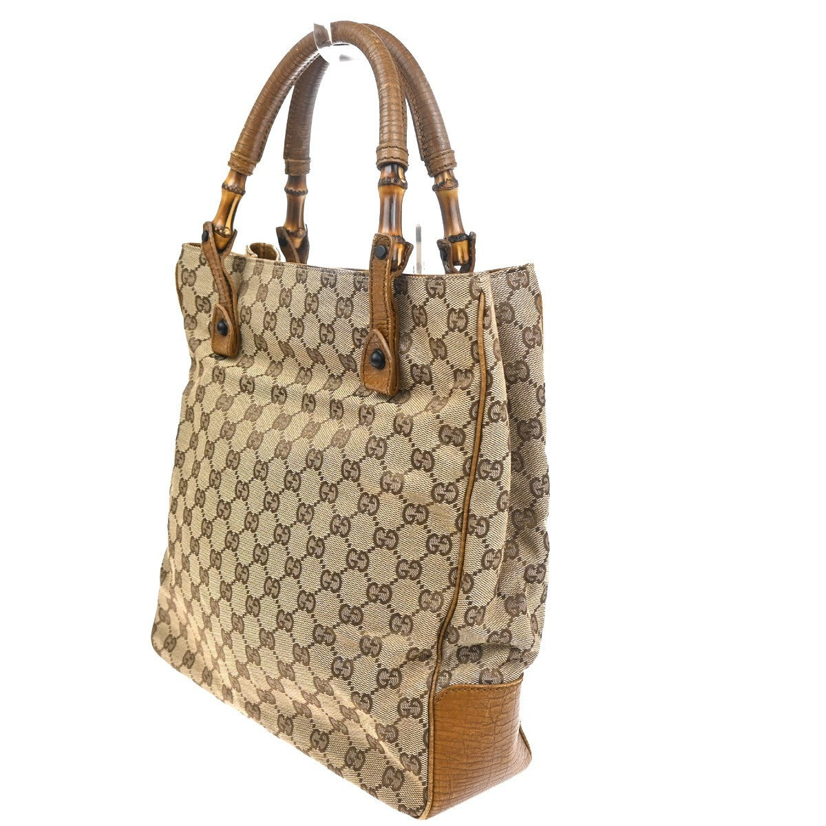 GUCCI Logo GG Pattern Hand Tote Bag Bamboo Canvas Leather Beige Italy 64KC879