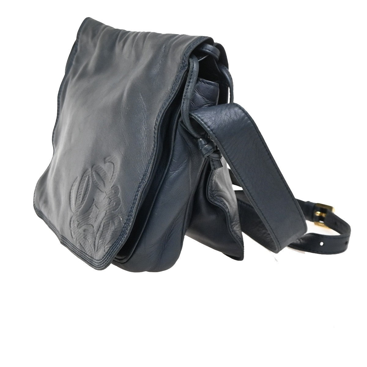LOEWE LOGO Anagram Drawstring Shoulder Bag Nappa Leather Blue GHW Spain 83ZA266