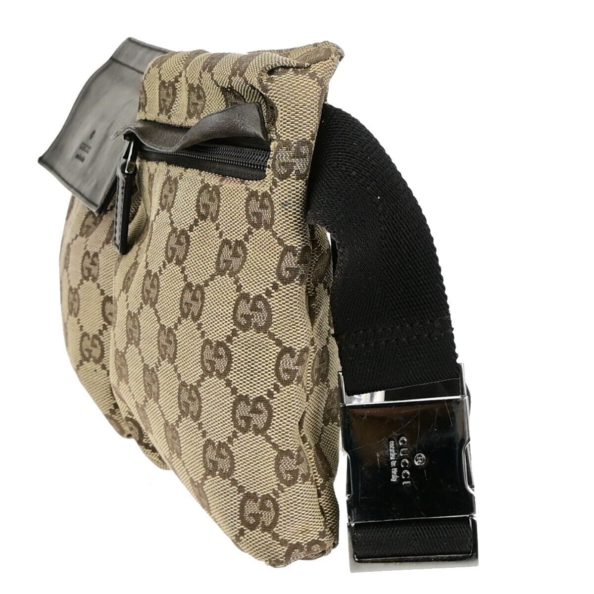 GUCCI Logo GG Pattern Bum Bag Belt Canvas Leather Brown Silver Italy 30ED208
