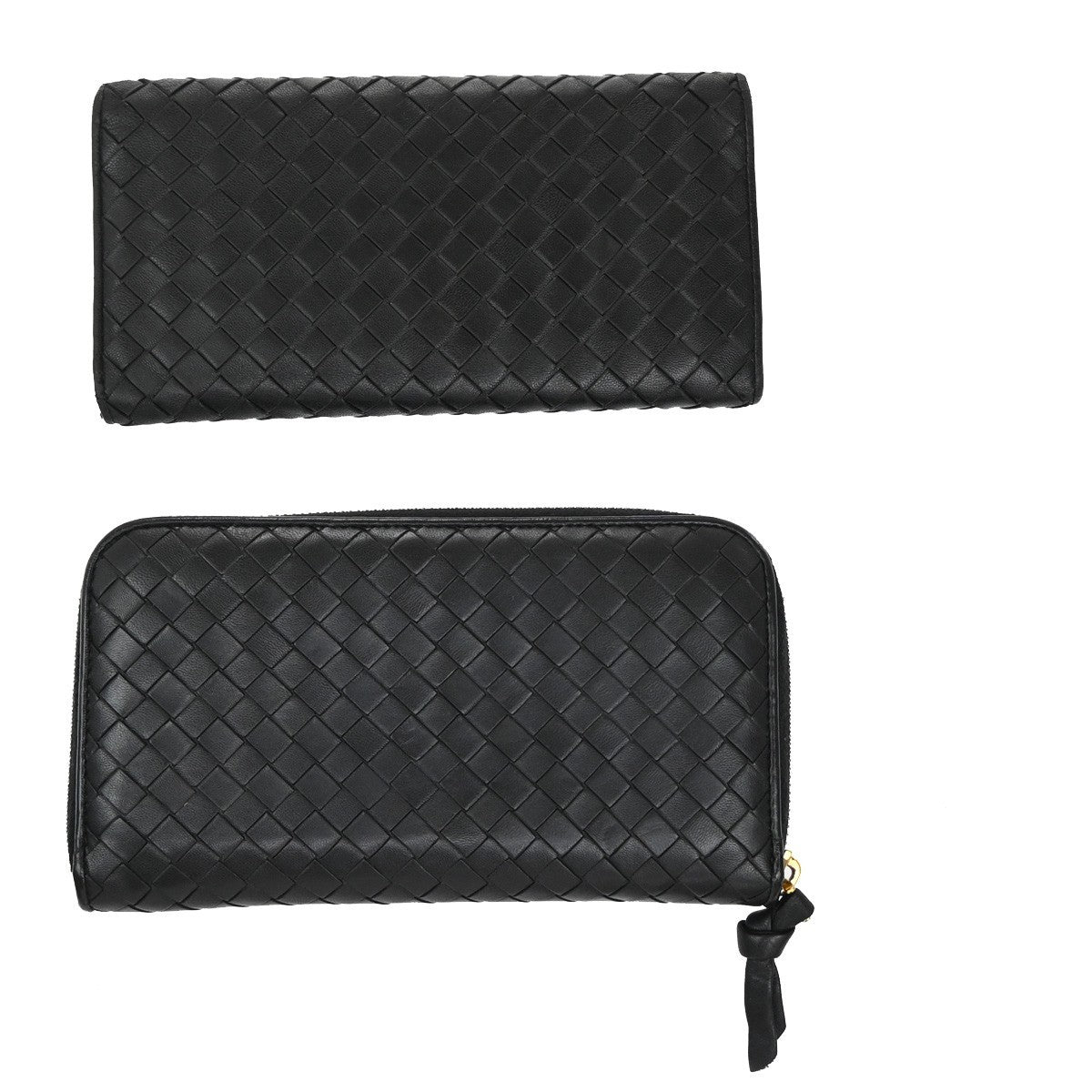 BOTTEGA VENETA Logo Intrecciato 2 Set Long Zipper Wallet Leather Black 67KP013