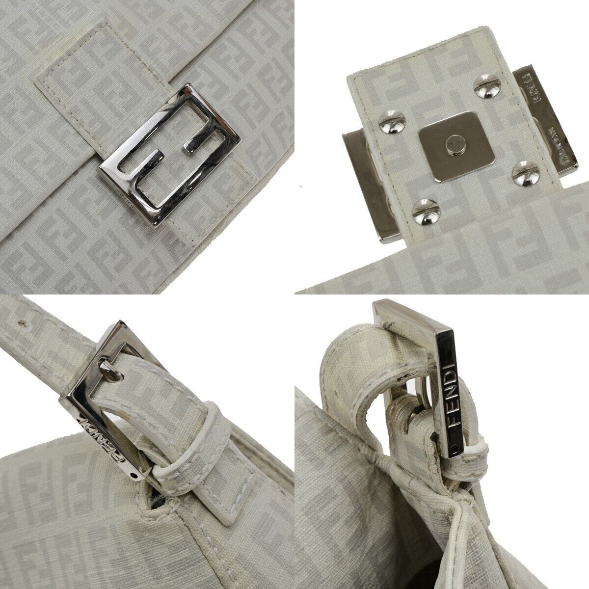 FENDI Logo Mamma Zucchino Pattern Chain Shoulder Bag PVC White Silver 18KA550