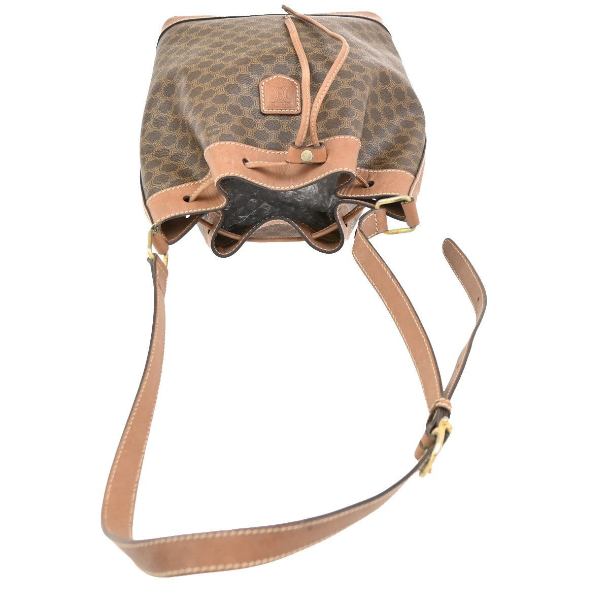 CELINE Macadam Pattern Drawstring Shoulder Bag PVC Leather Brown GHW 66CA994