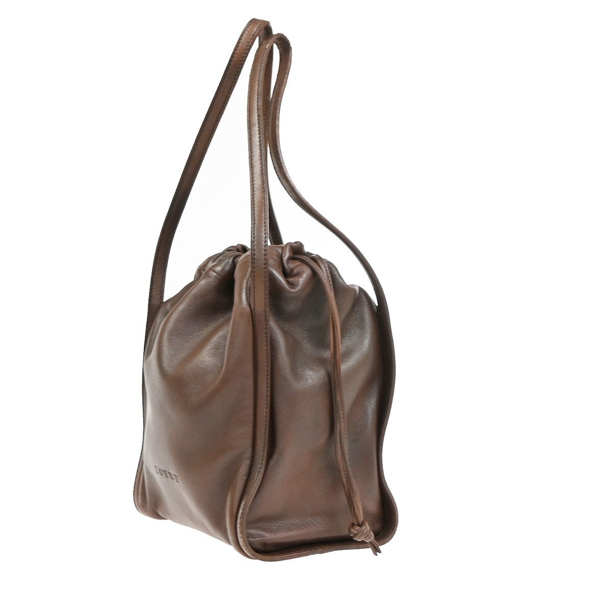 LOEWE LOGO Drawstring Shoulder Hand Bag Leather Brown GHW 38CA960