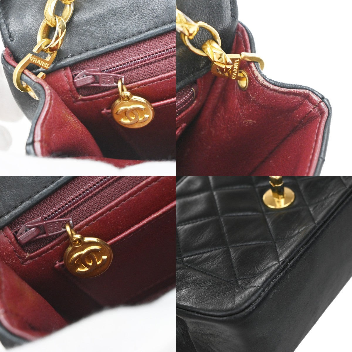 CHANEL Mini Diana Matelasse Chain Shoulder Bag Leather Black Vintage 359RP169