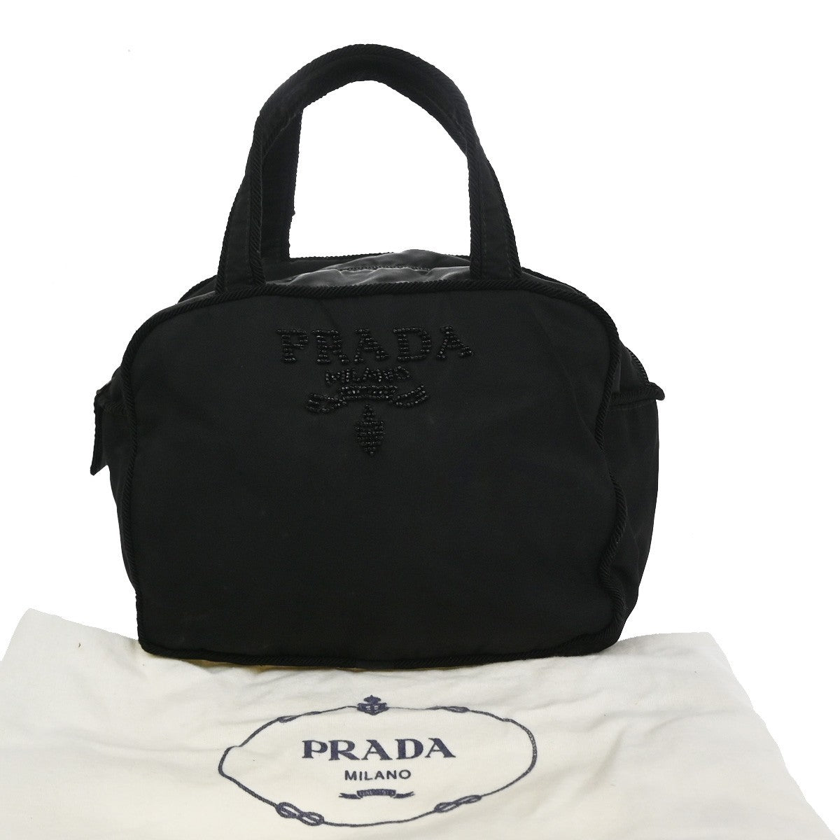 PRADA Logo Beaded Hand Bag Nylon Tessuto Leather Black Italy 09CB017