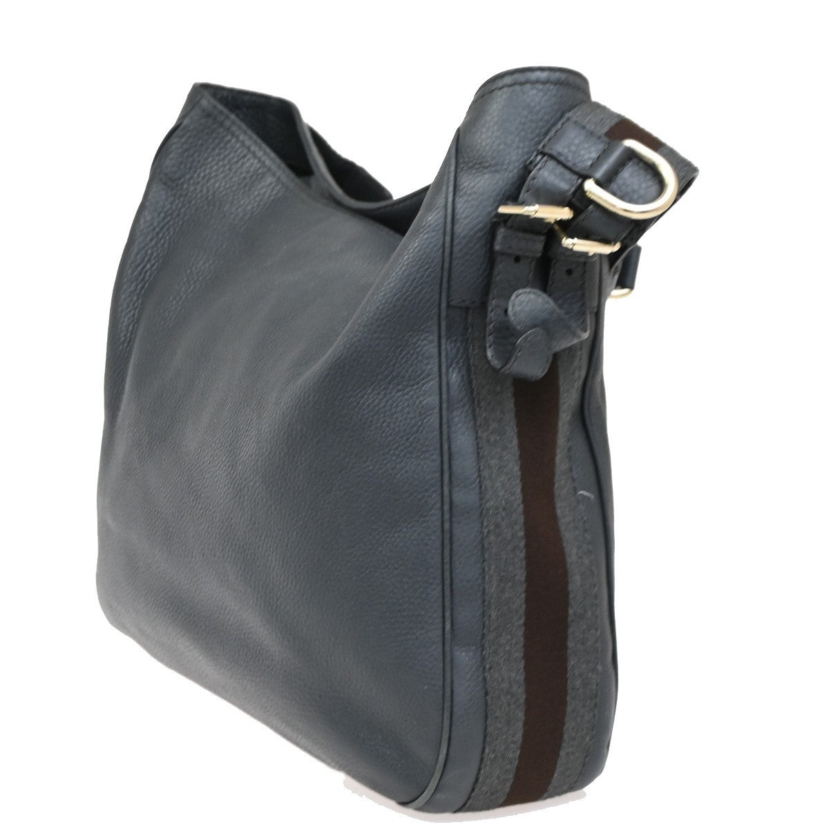GUCCI Logo Heritage Web Striped Hobo Shoulder Bag Leather Gray GHW Italy 35DA239