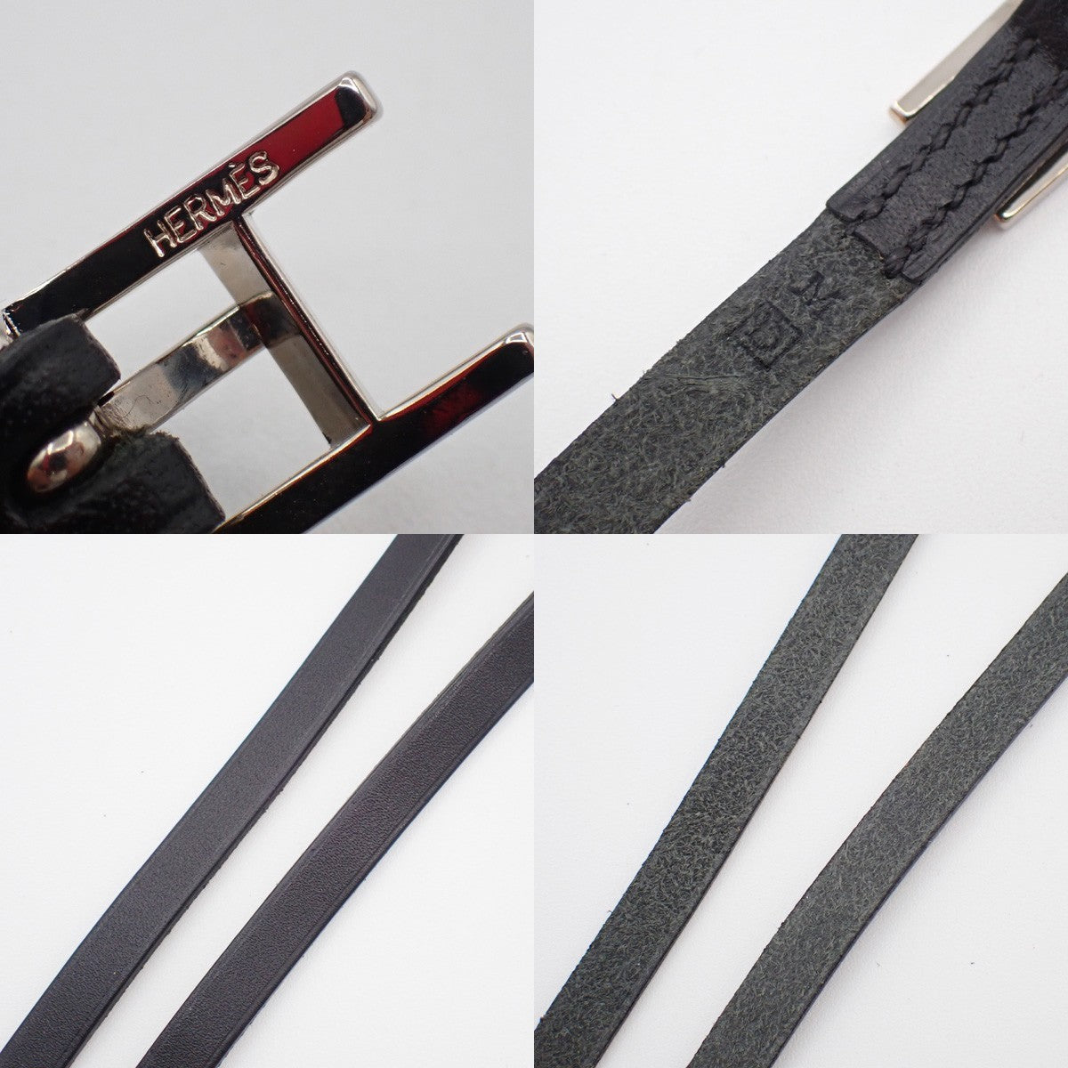 HERMES Api 3 Triple Tour Long Bracelet SHW Leather Sliver Black 67RF760