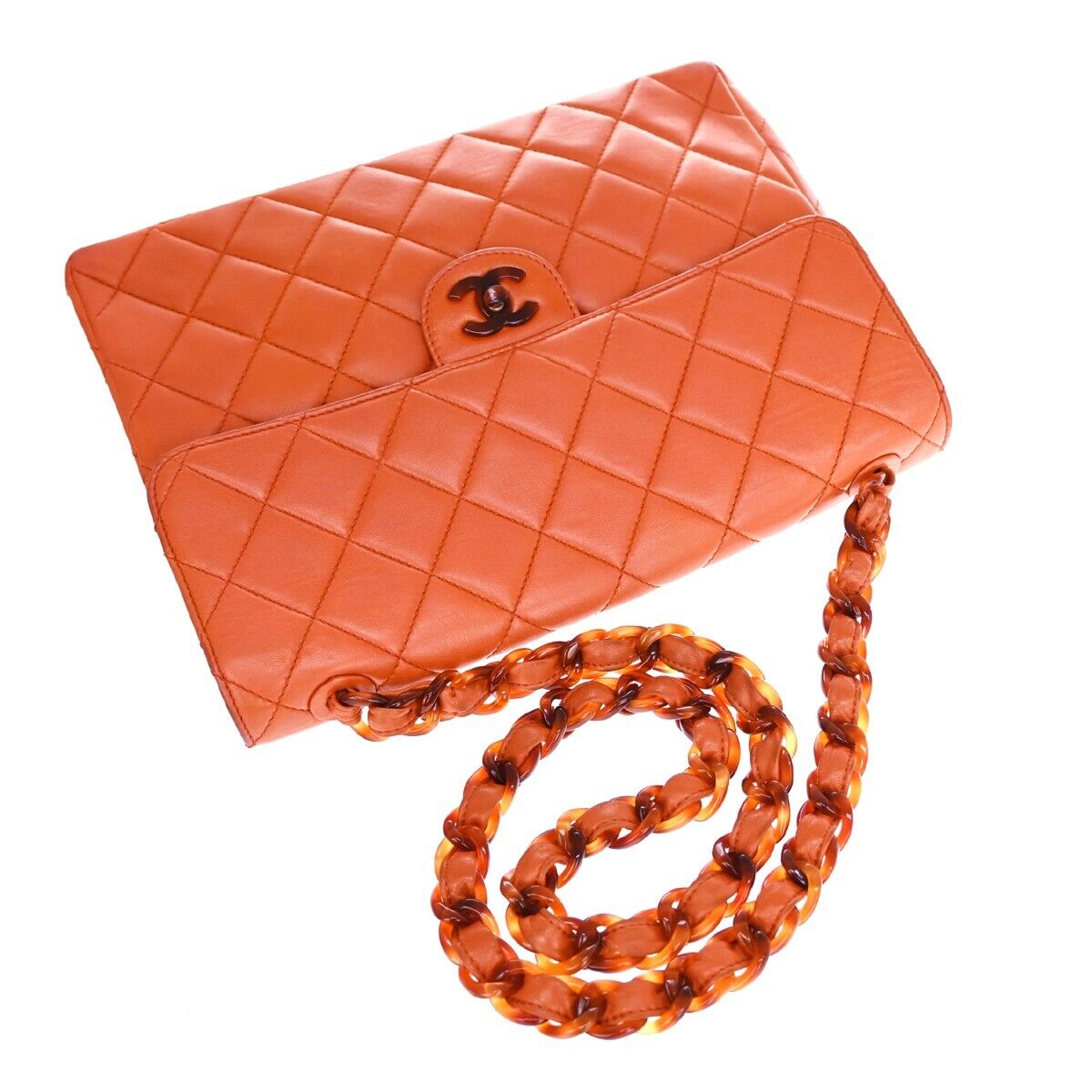 CHANEL CC Matelasse 30 Chain Shoulder Bag Leather Orange Brown Vintage 646HB609