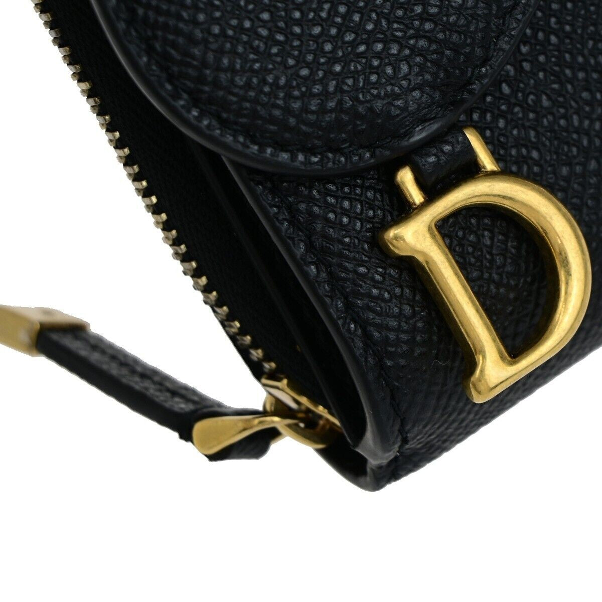 CHRISTIAN DIOR Logo Saddle Trifold Wallet Purse Leather Black GHW Italy 11RK018