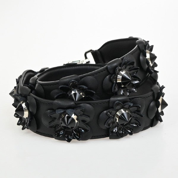 FENDI Logo Bag Shoulder Strap Flower Studs Leather Black SHW Italy 30KP492