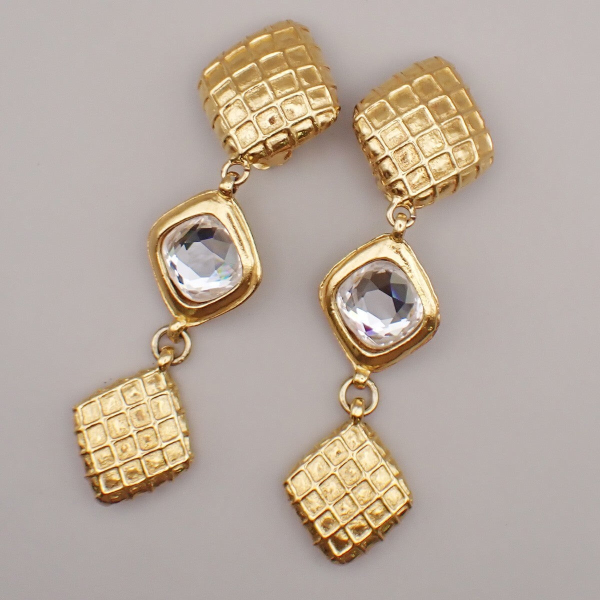 CHANEL Matelasse Diamond Shape Drop Earrings Rhinestone Clip-On Gold 73RL067