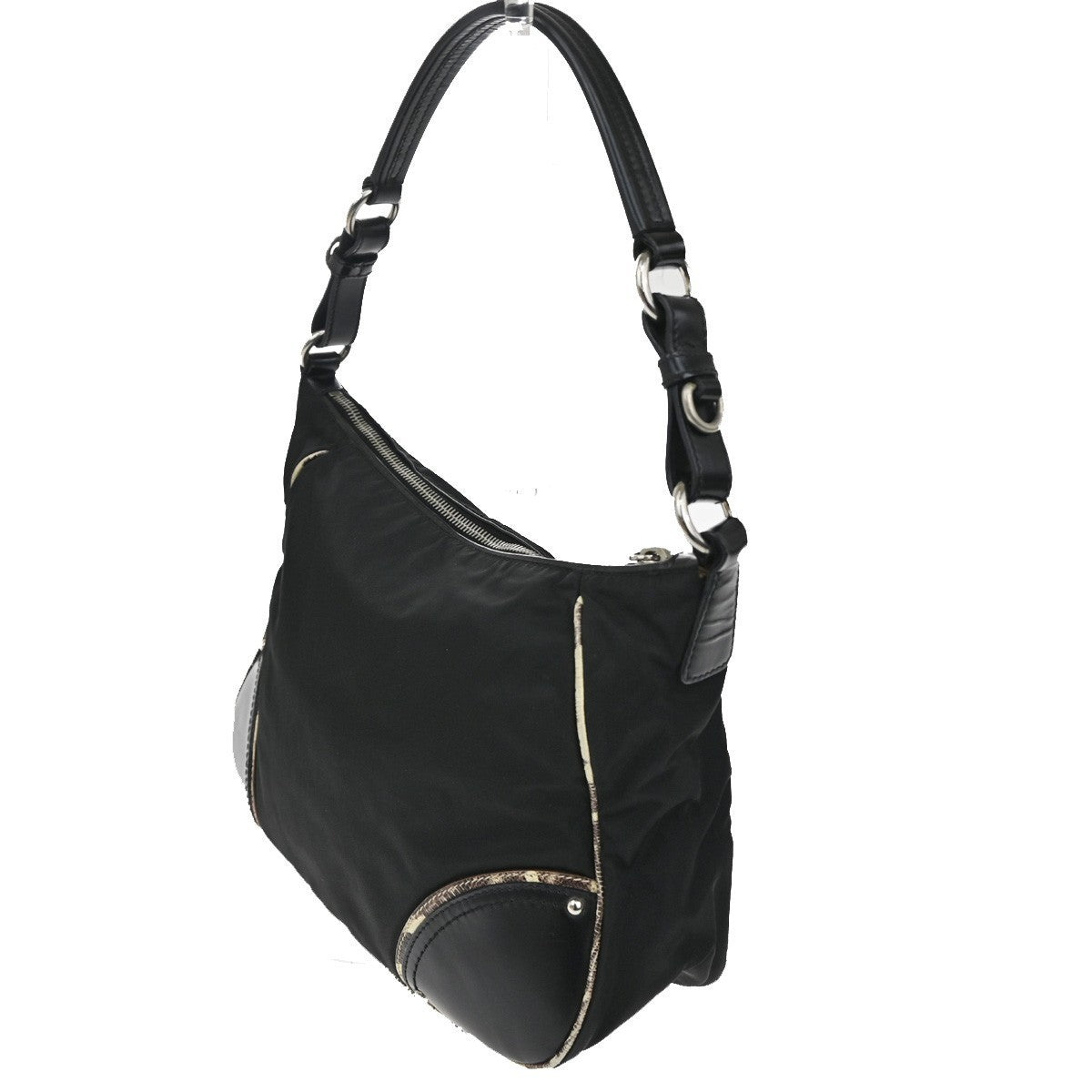 PRADA LOGO Tessuto Shoulder Bag Nylon Embossing Leather Black White SHW 34KC287