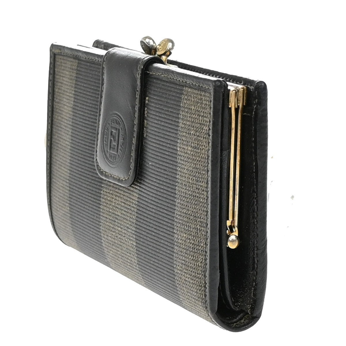 FENDI Logo Pequin Pattern Bifold Comapct Wallet PVC Leather Brown Italy 07EF564