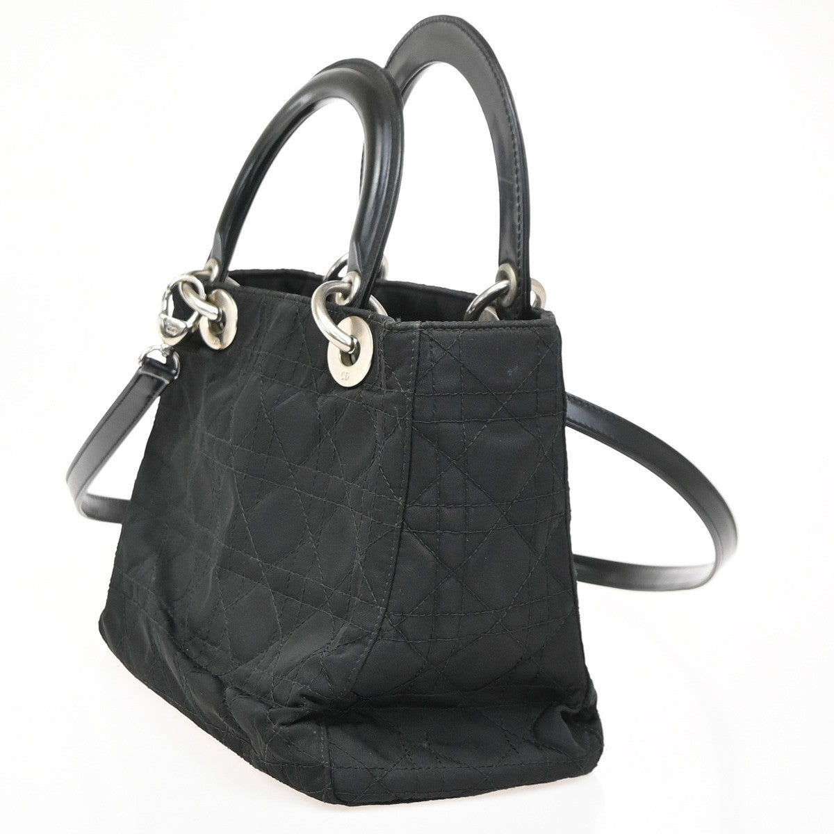 CHRISTIAN DIOR Logo Lady Cannage 2Way Hand Bag Nylon Leather Black SHW 98ZA262