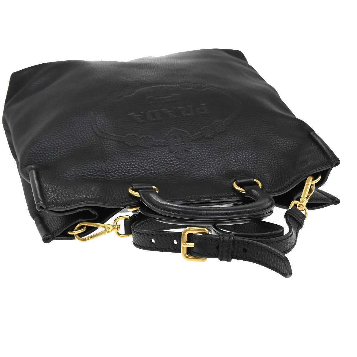PRADA Logo 2Way Shoulder Hand Bag Vit Daino Leather Black GHW 25RF857