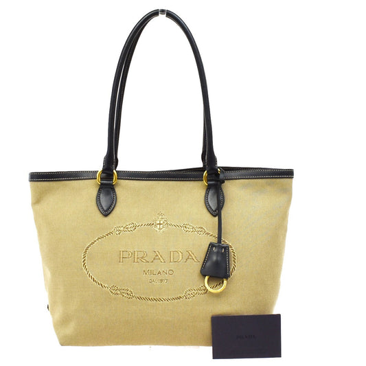 PRADA MILANO Logo Jacquard Shoulder Bag Canvas Leather Brown GHW 75KB244