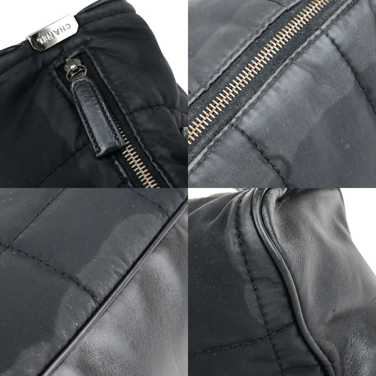 CHANEL CC Chocolate Bar Hand Bag Nylon Leather Black Silver Italy 11EB769