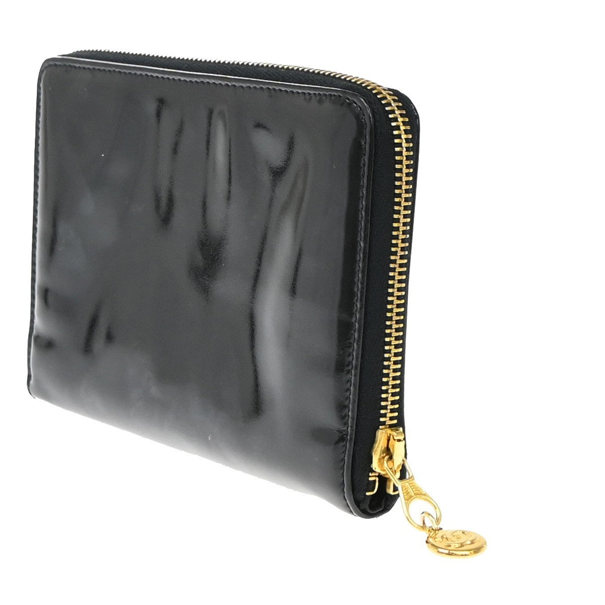CHANEL CC Logo Zipper Around Wallet Patent Leather Black Italy Vintage 05EG064