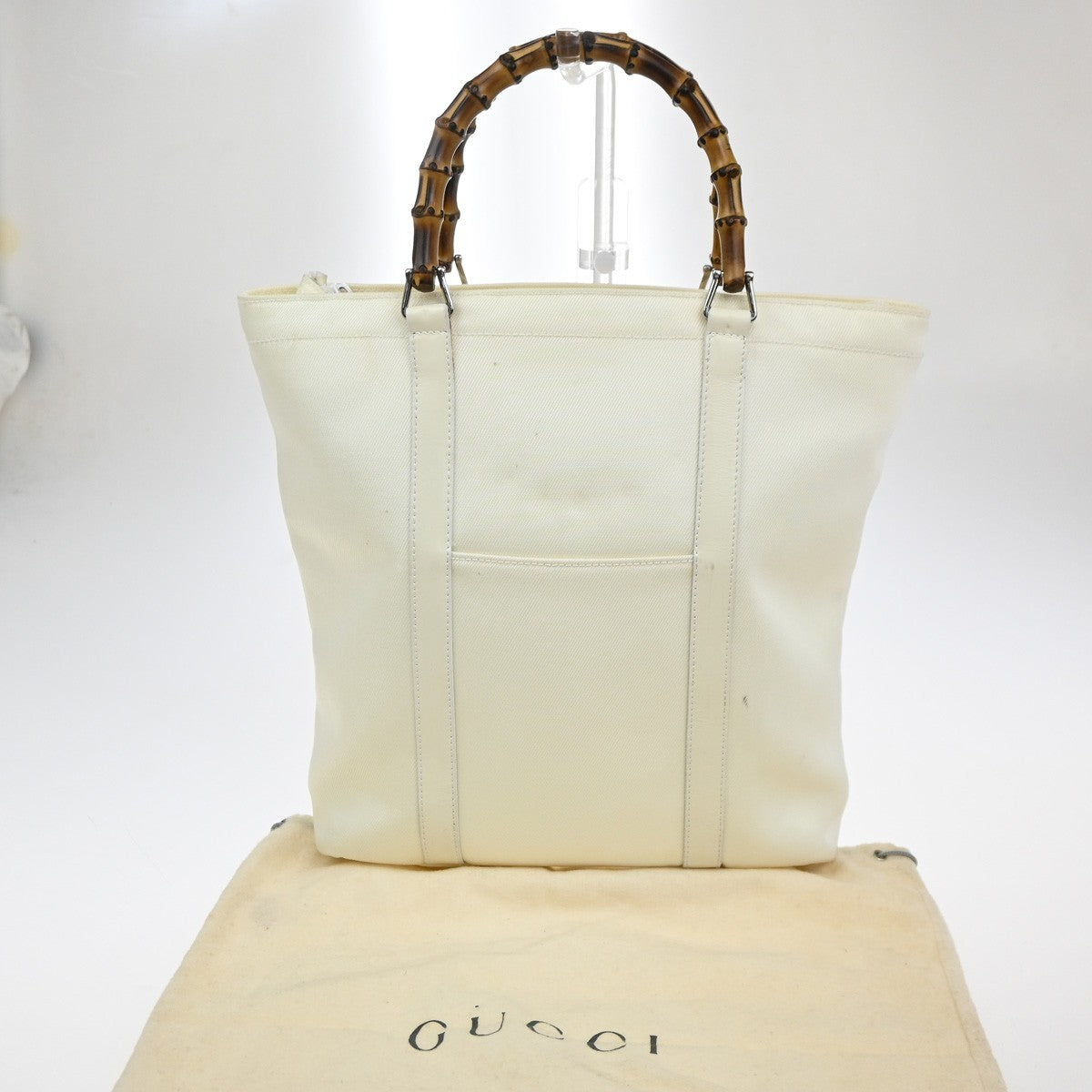 GUCCI Logo Bamboo Handbag Nylon Patent Leather White SHW Italy 66CA341