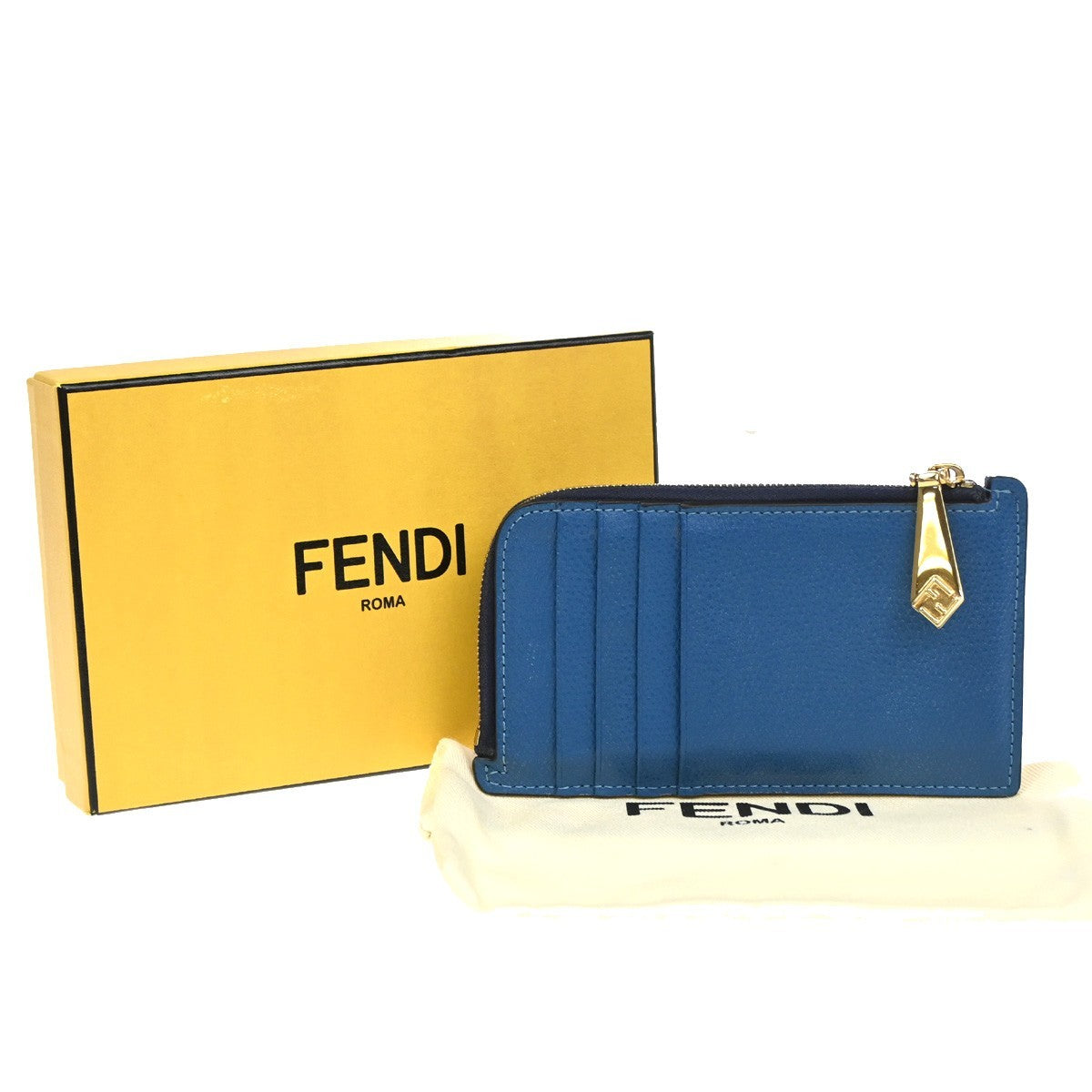 FENDI  Logo Fragment Case Coin Wallet Purse Leather Blue GHW Italy 63CA862