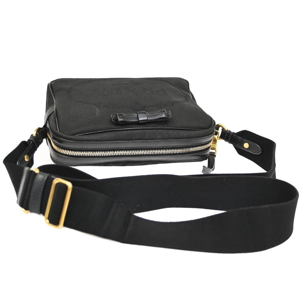 PRADA MILANO Jacquard Crossbody Shoulder Bag Canvas Leather Black GHW 76KC012