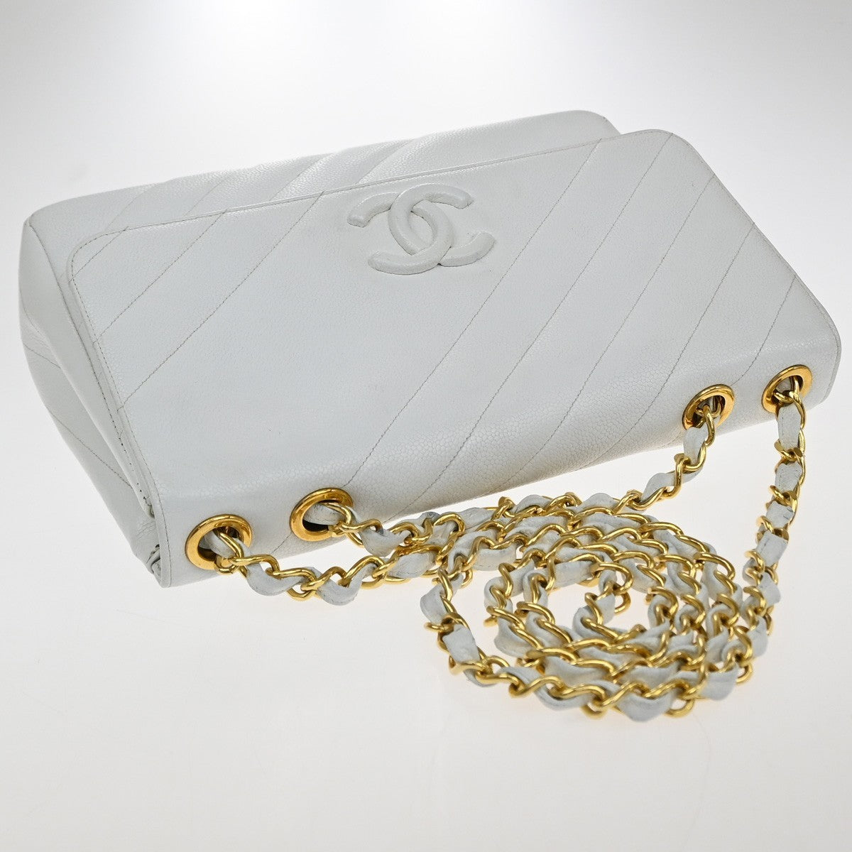 CHANEL CC Chain Shoulder Bag Grained Calfskin Leather White Vintage 834RP178